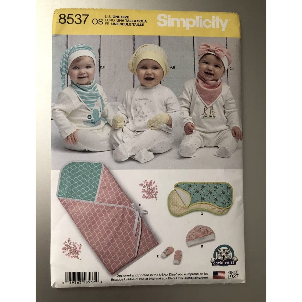 Simplicity 8537 Baby Accessories Sewing Pattern Hats Mittens Bibs Blanket Uncut